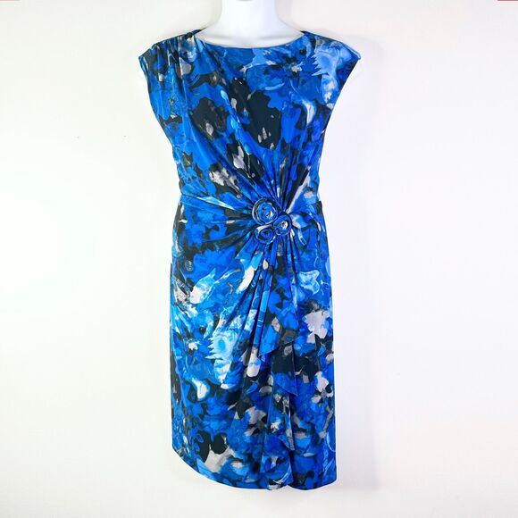 Jones New York Dress Women 14 Blue Floral Rosette Ruched Cap Slv Ruffle Elegant - Picture 1 of 10